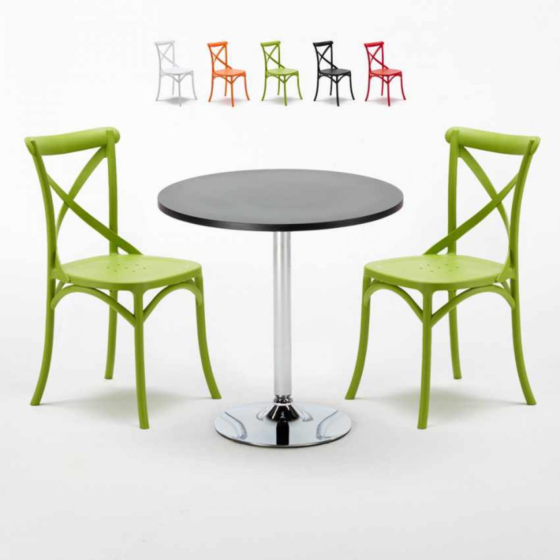 Ahd Amazing Home Design - Table Ronde Noire 70x70cm Avec 2 Chaises Colorées Set Intérieur Bar Café Vintage Cosmopolitan, Couleur: Vert - Tables à manger