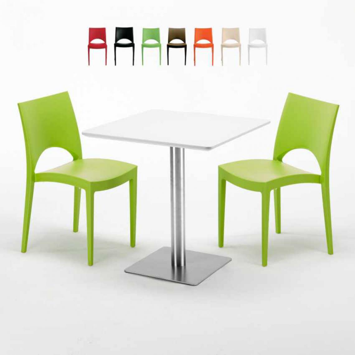 Grand Soleil - Table carrée blanche 70x70 avec pied en acier et 2 chaises colorées Paris Strawberry, Couleur: Vert - Tables à manger