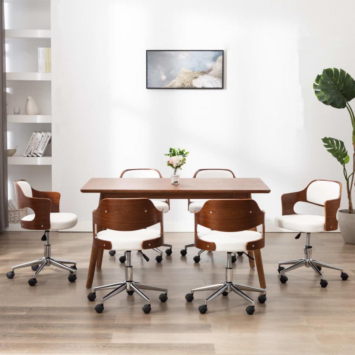 Icaverne - Moderne Fauteuils et chaises selection New Delhi Chaises pivotantes à dîner 6pcs Blanc Bois courbé et similicuir - Chaises