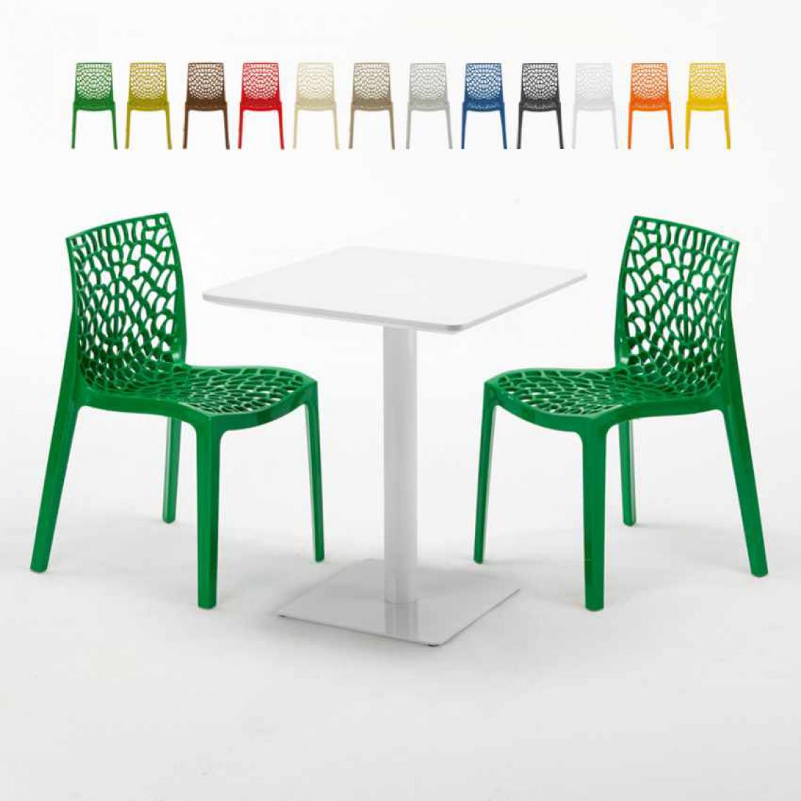 Grand Soleil - Table carrée 60x60 blanche avec 2 chaises colorées Gruvyer Lemon, Couleur: Vert - Tables à manger