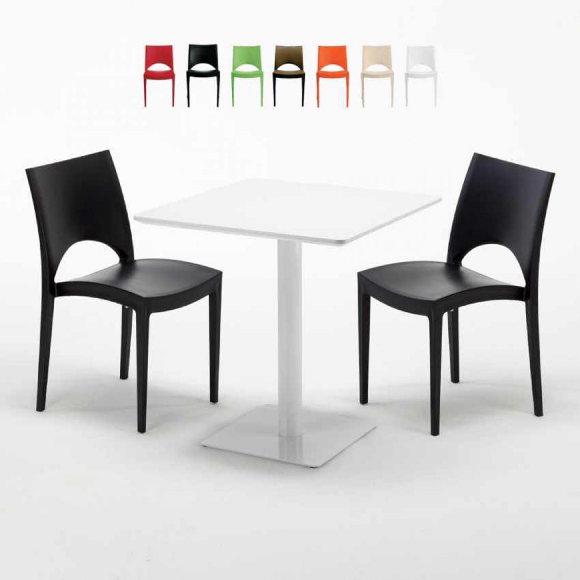 Grand Soleil - Table carrée 70x70 blanche avec 2 chaises colorées Paris Meringue, Couleur: Noir - Tables à manger