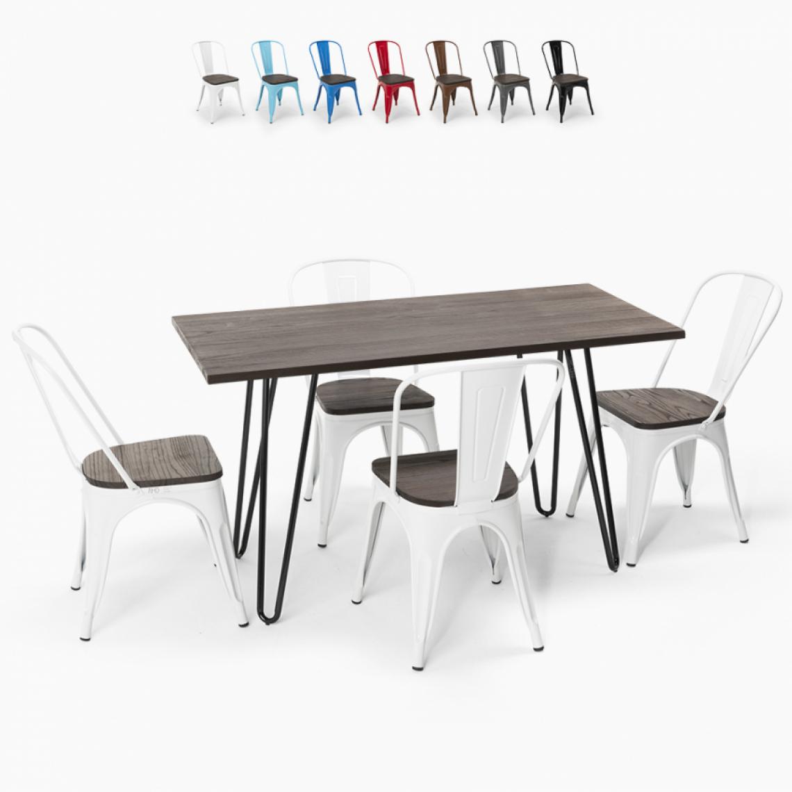 Ahd Amazing Home Design - Set de table rectangulaire 120 x 60 avec 4 chaises en acier de style industriel Tolix et bois Roger, Couleur: Blanc - Tables à manger