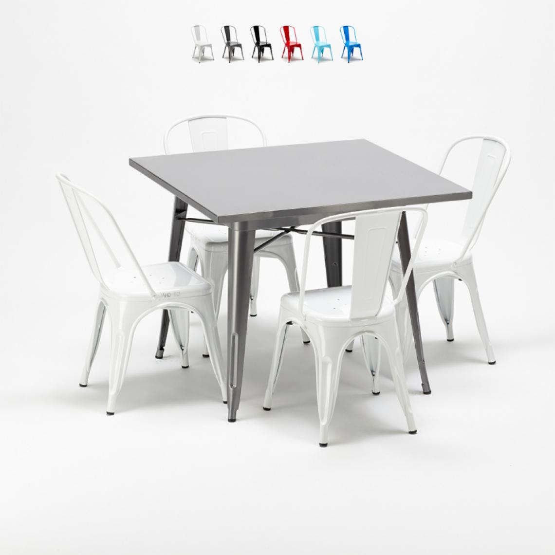 Ahd Amazing Home Design - Ensemble de Table carrée et chaises en métal au style industriel Tolix Flushing, Couleur: Blanc - Tables à manger