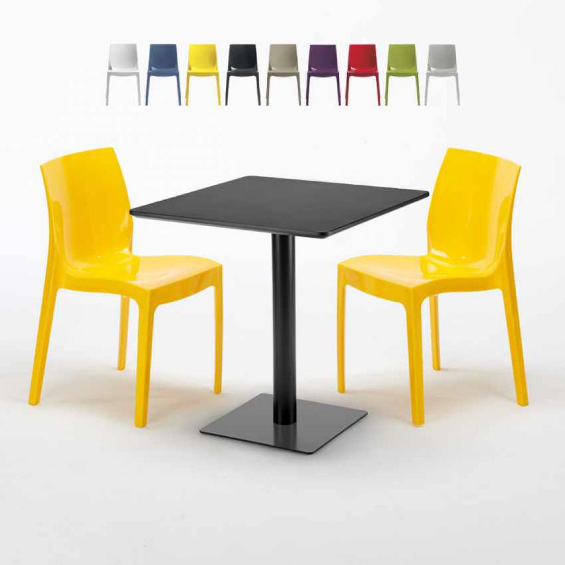 Grand Soleil - Table carrée noire 70x70 avec 2 chaises colorées Ice Kiwi, Couleur: Jaune - Tables à manger
