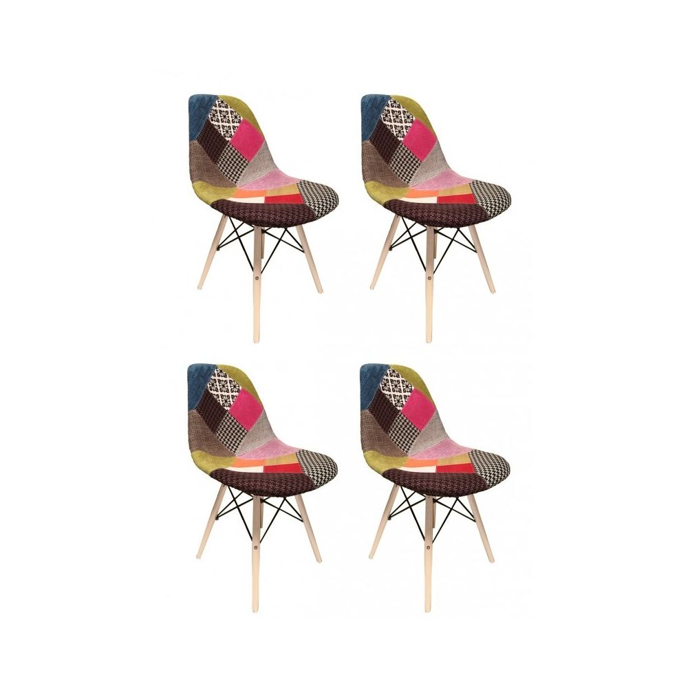 Meubletmoi - Lot 4 chaises Patchwork tissu & bois de hêtre - RETRO - Chaises