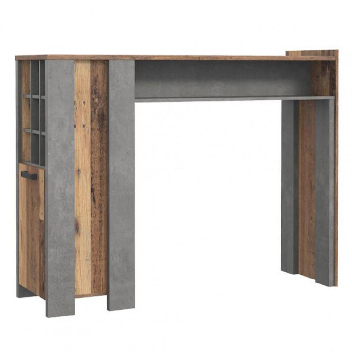 Meubletmoi - Table de bar 1 porte 9 niches effet bois vieilli / béton gris - BUCK - Tables à manger