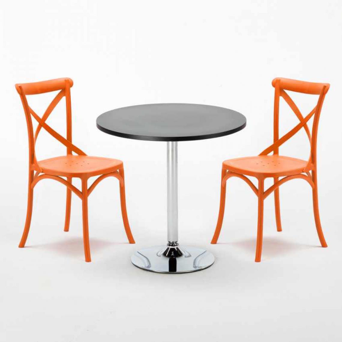 Ahd Amazing Home Design - Table Ronde Noire 70x70cm Avec 2 Chaises Colorées Set Intérieur Bar Café Vintage Cosmopolitan, Couleur: Orange - Tables à manger