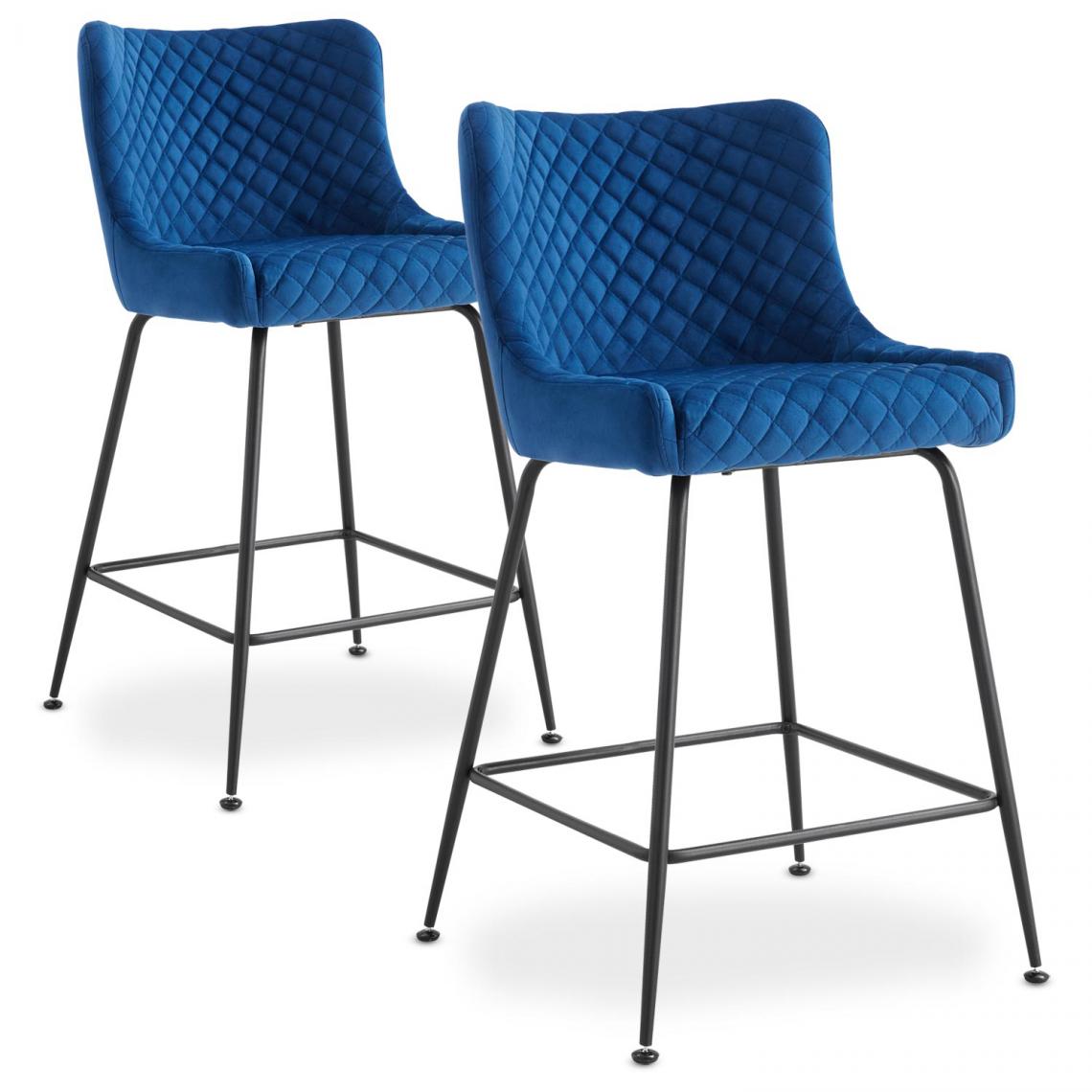 MENZZO - Lot de 2 chaises de bar Bellamy Velours Bleu pieds Noir - Chaises
