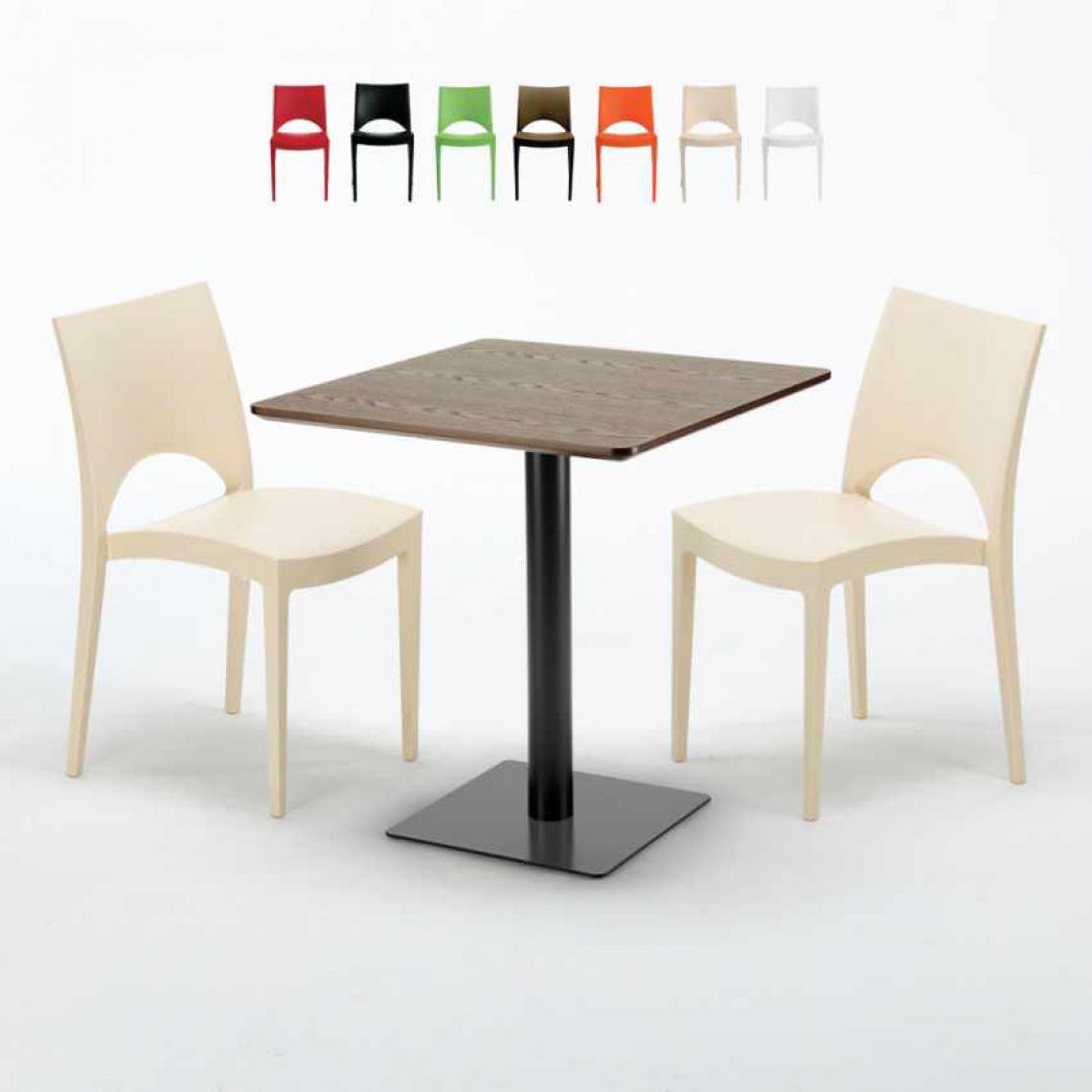 Grand Soleil - Table carrée 70x70 plateau effet bois avec 2 chaises colorées Paris Melon, Couleur: Beige - Tables à manger