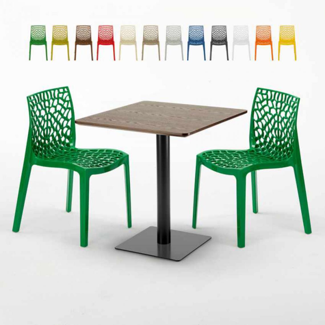 Grand Soleil - Table carrée 70x70 plateau effet bois avec 2 chaises colorées Gruvyer Melon, Couleur: Vert - Tables à manger