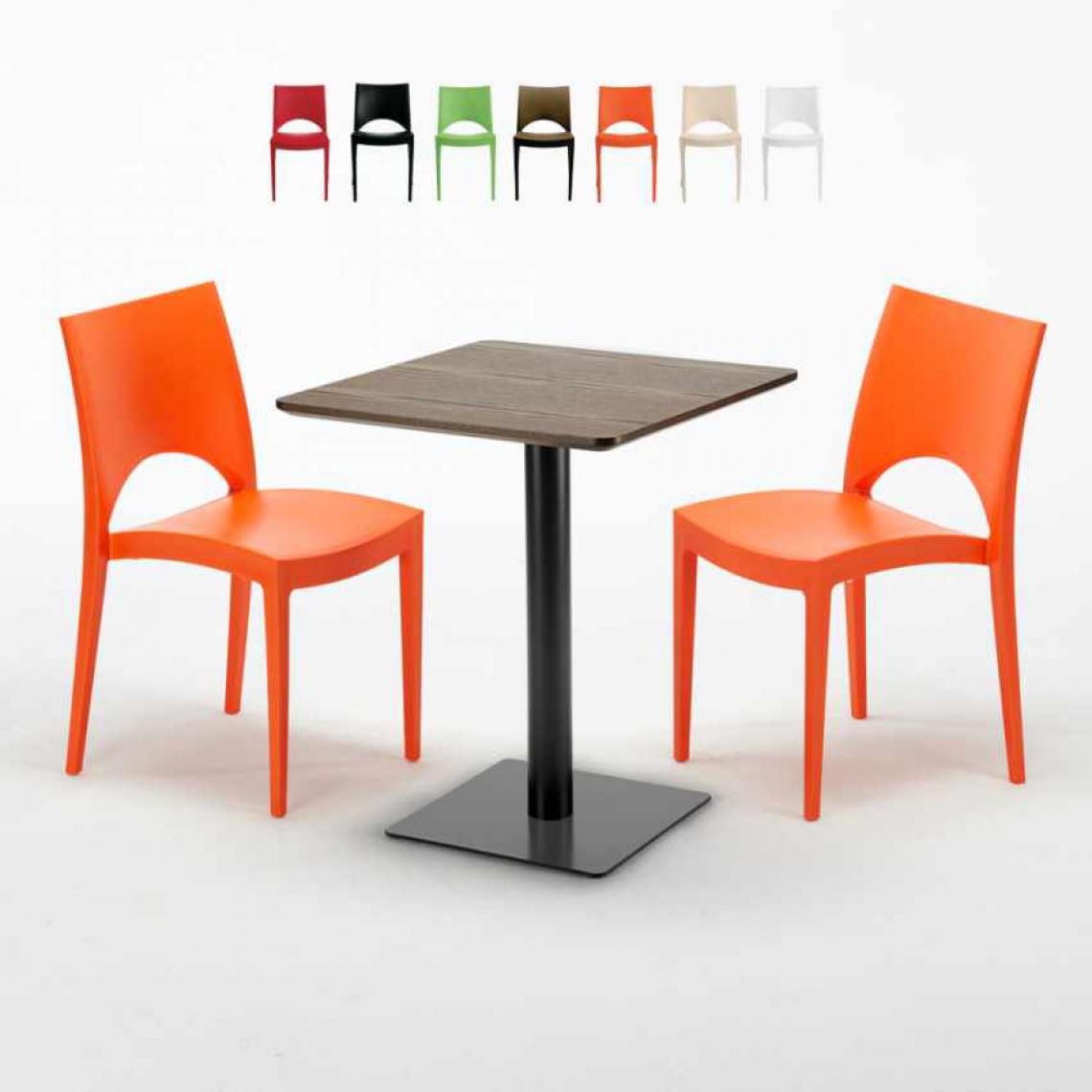 Grand Soleil - Table carrée 60x60 pied noir et plateau bois avec 2 chaises colorées Paris Kiss, Couleur: Orange - Tables à manger