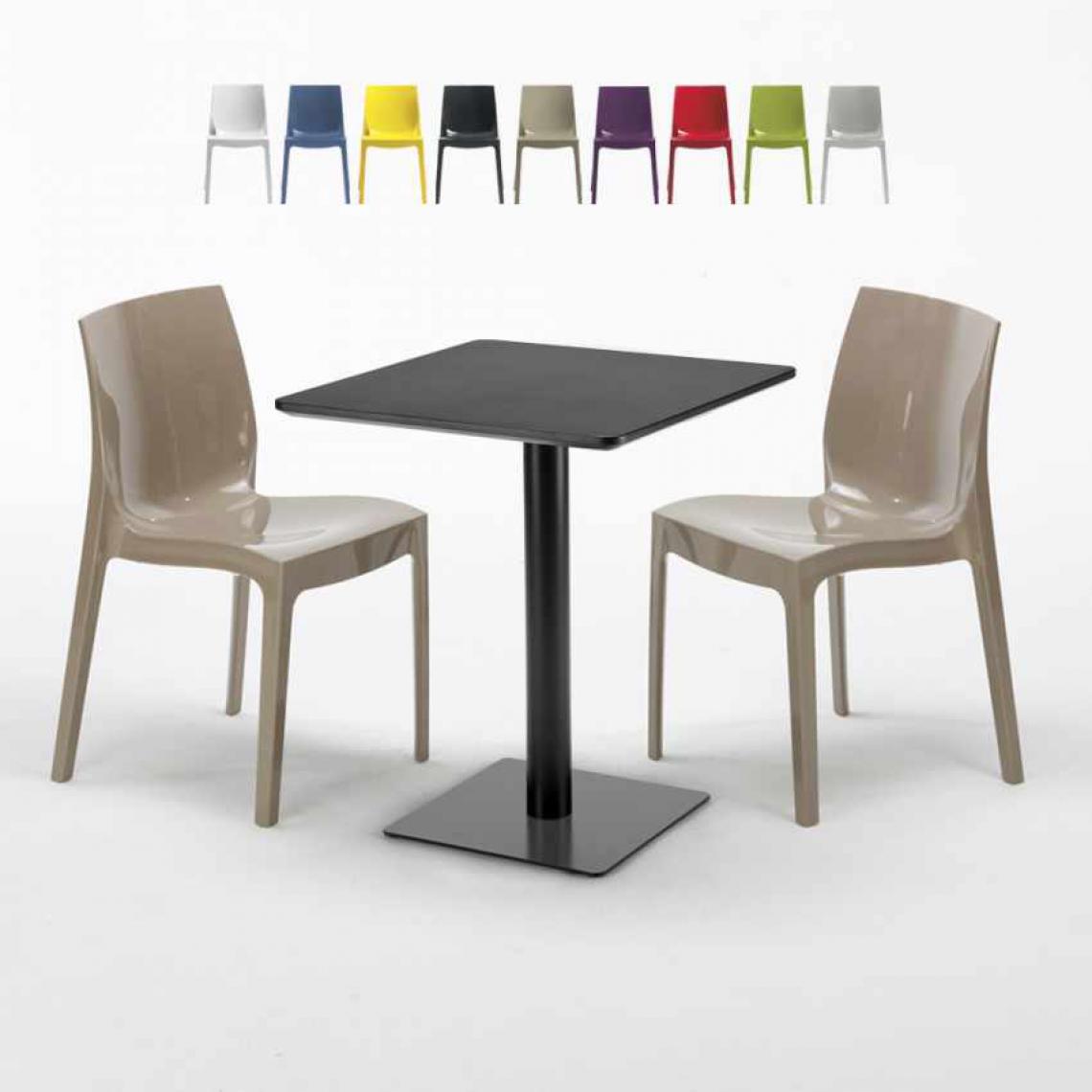 Grand Soleil - Table carrée 60x60 noire avec 2 chaises colorées Ice Licorice, Couleur: Beige Juta - Tables à manger