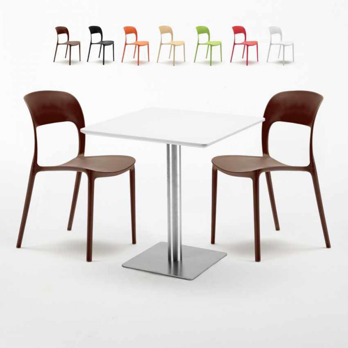 Ahd Amazing Home Design - Table carrée blanche 70x70 avec pied en acier et 2 chaises colorées Restaurant Strawberry, Couleur: Marron - Tables à manger