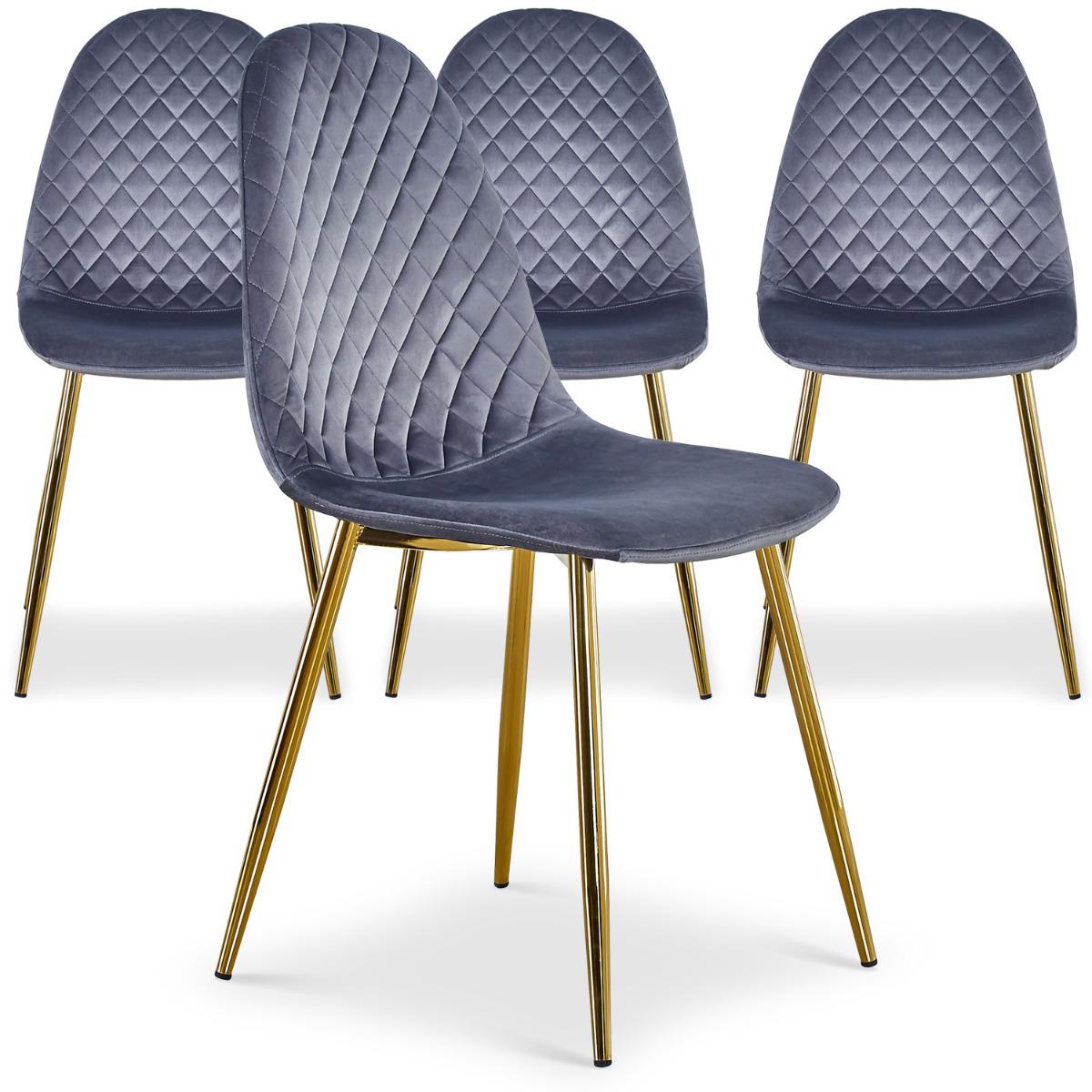 MENZZO - Lot de 4 chaises matelassées Norway Velours Argent - Chaises