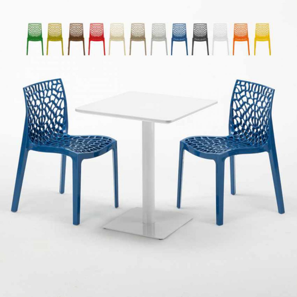 Grand Soleil - Table carrée 60x60 blanche avec 2 chaises colorées Gruvyer Lemon, Couleur: Bleu - Tables à manger