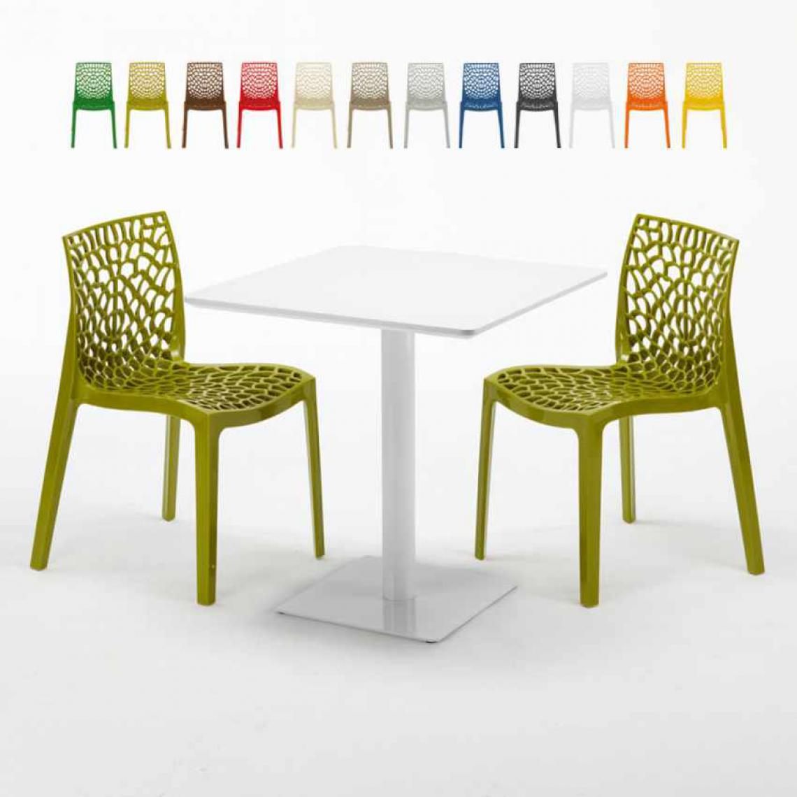 Grand Soleil - Table carrée 70x70 blanche avec 2 chaises colorées Gruvyer Meringue, Couleur: Anis vert - Tables à manger