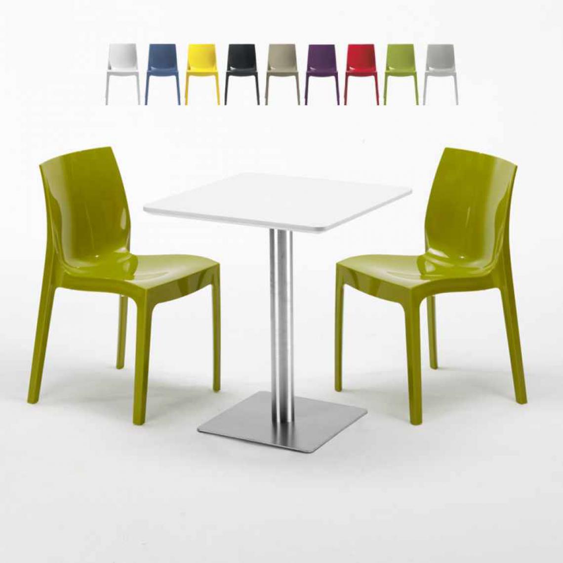 Grand Soleil - Table carrée 60x60 plateau blanc avec 2 chaises colorées Ice Hazelnut, Couleur: Vert - Tables à manger