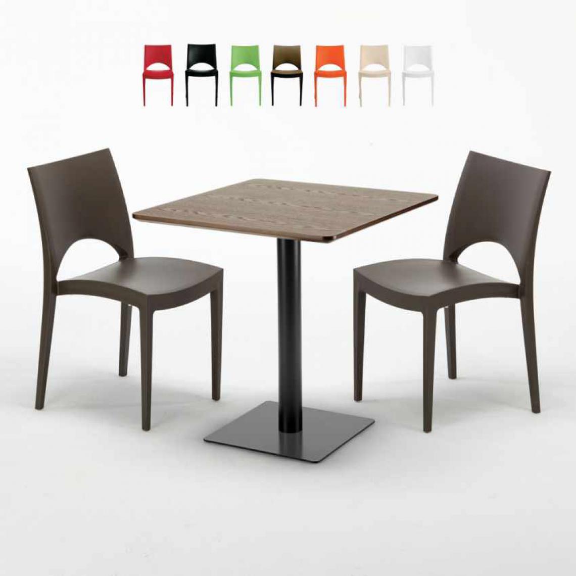 Grand Soleil - Table carrée 70x70 plateau effet bois avec 2 chaises colorées Paris Melon, Couleur: Marron - Tables à manger