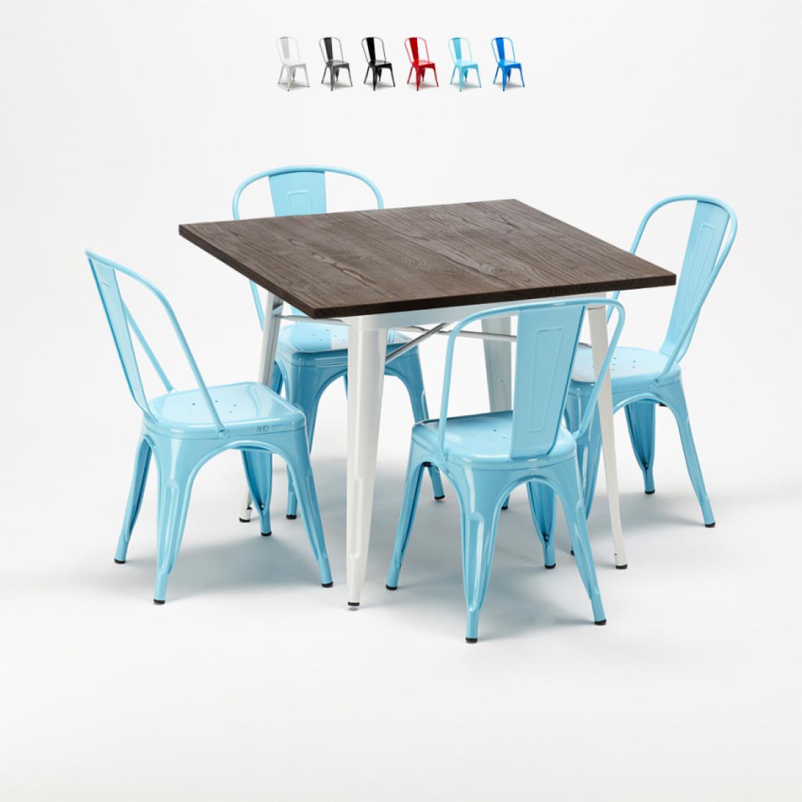 Ahd Amazing Home Design - Ensemble table et chaises carrées en métal bois Tolix style industriel Midtown, Couleur: Turquoise - Tables à manger