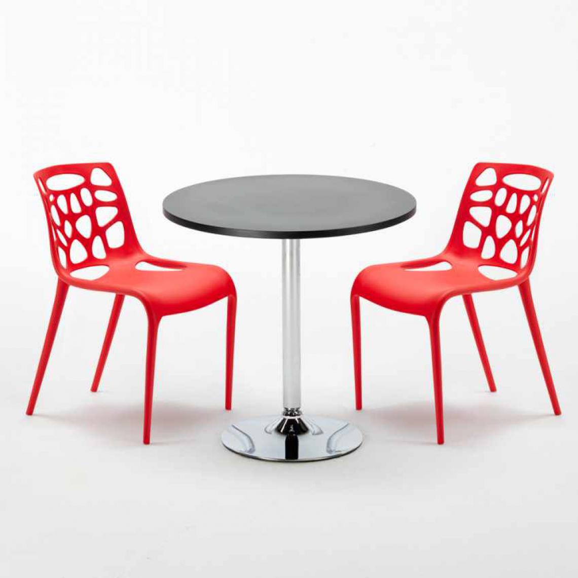 Ahd Amazing Home Design - Table Ronde Noire 70x70cm Avec 2 Chaises Colorées Set Intérieur Bar Café Gelateria Cosmopolitan, Couleur: Rouge - Tables à manger