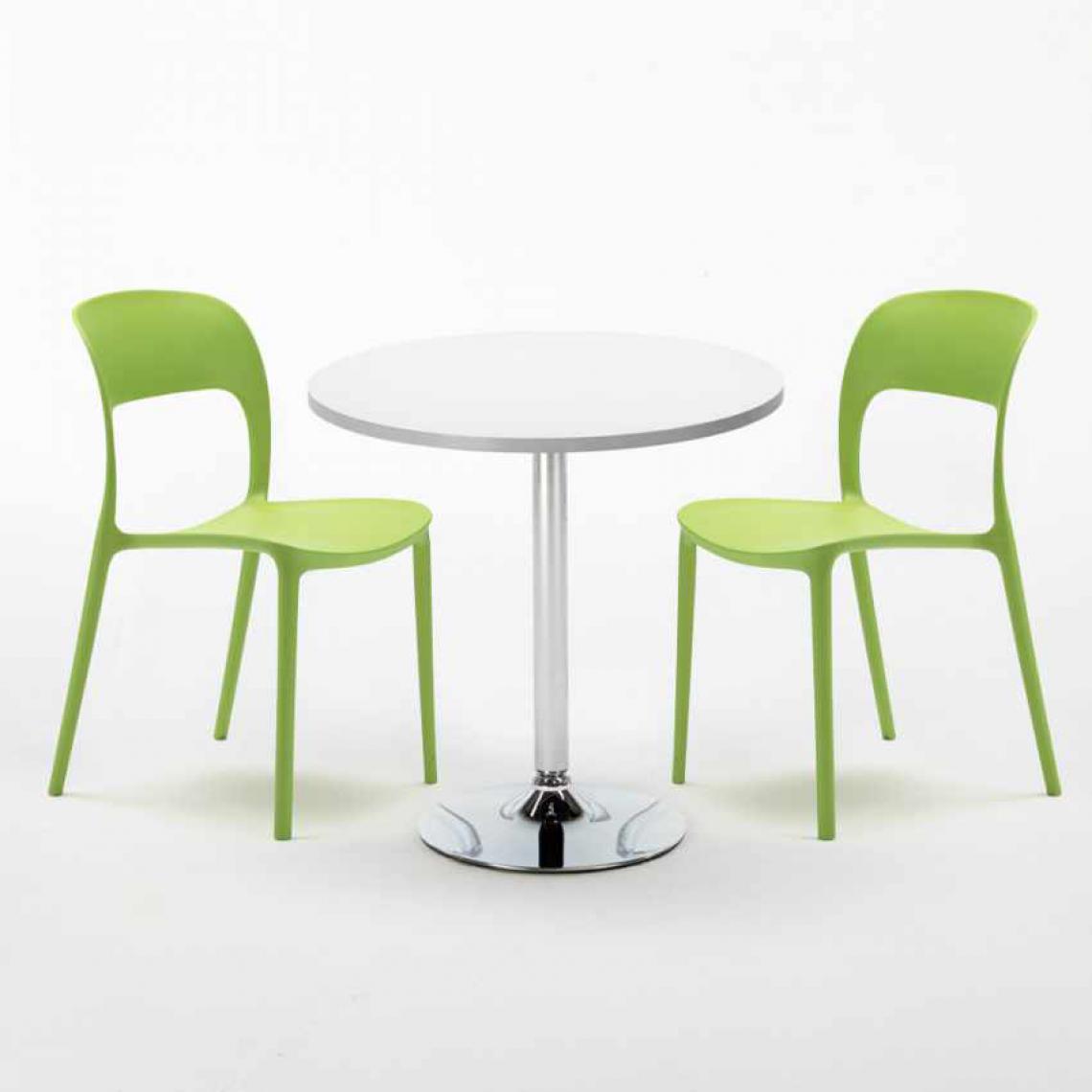 Ahd Amazing Home Design - Table Ronde Blanche 70x70cm Avec 2 Chaises Colorées Set Intérieur Bar Café Restaurant LONG Island, Couleur: Vert - Tables à manger
