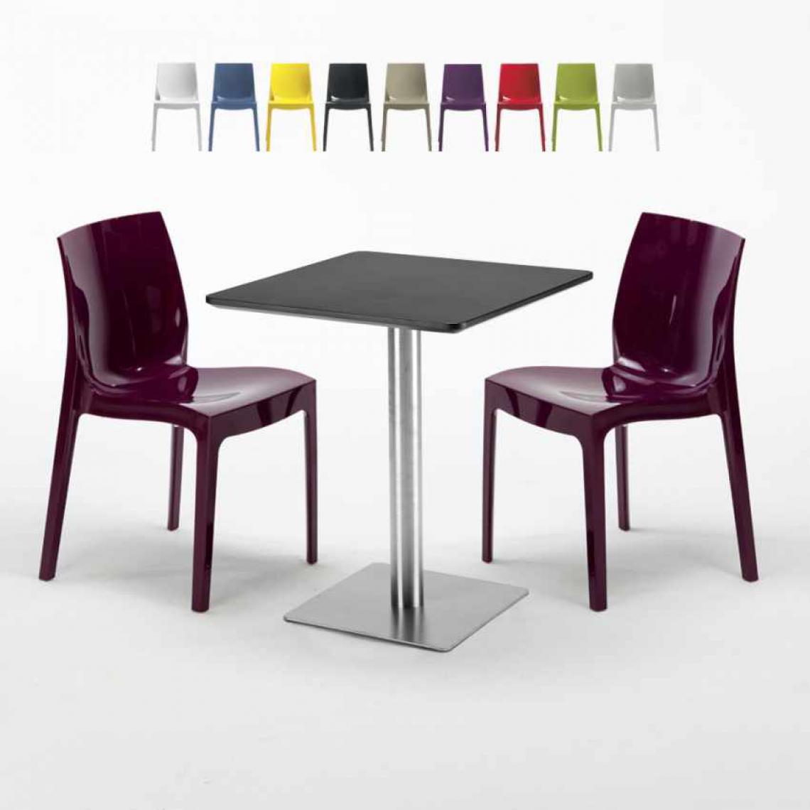 Grand Soleil - Table carrée 60x60 cm Base Argent E Top Noir Avec 2 Chaises Colorées Ice Pistachio, Couleur: Pourpre - Tables à manger