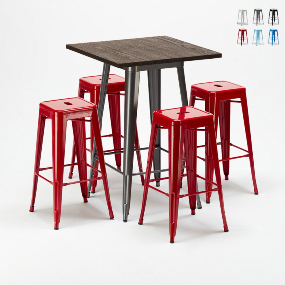 Ahd Amazing Home Design - Ensemble table haute et 4 tabourets en métal Tolix style industriel Williamsburg, Couleur: Rouge - Tables à manger
