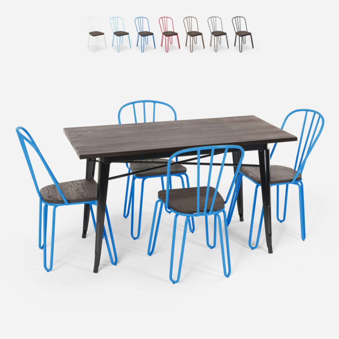 Ahd Amazing Home Design - Set de table rectangulaire 120x60 avec 4 chaises acier bois design industriel Tolix Otis, Couleur: Bleu - Tables à manger