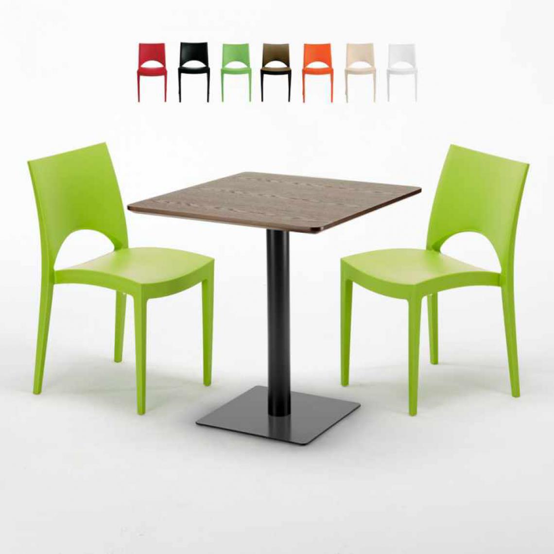 Grand Soleil - Table carrée 70x70 plateau effet bois avec 2 chaises colorées Paris Melon, Couleur: Vert - Tables à manger