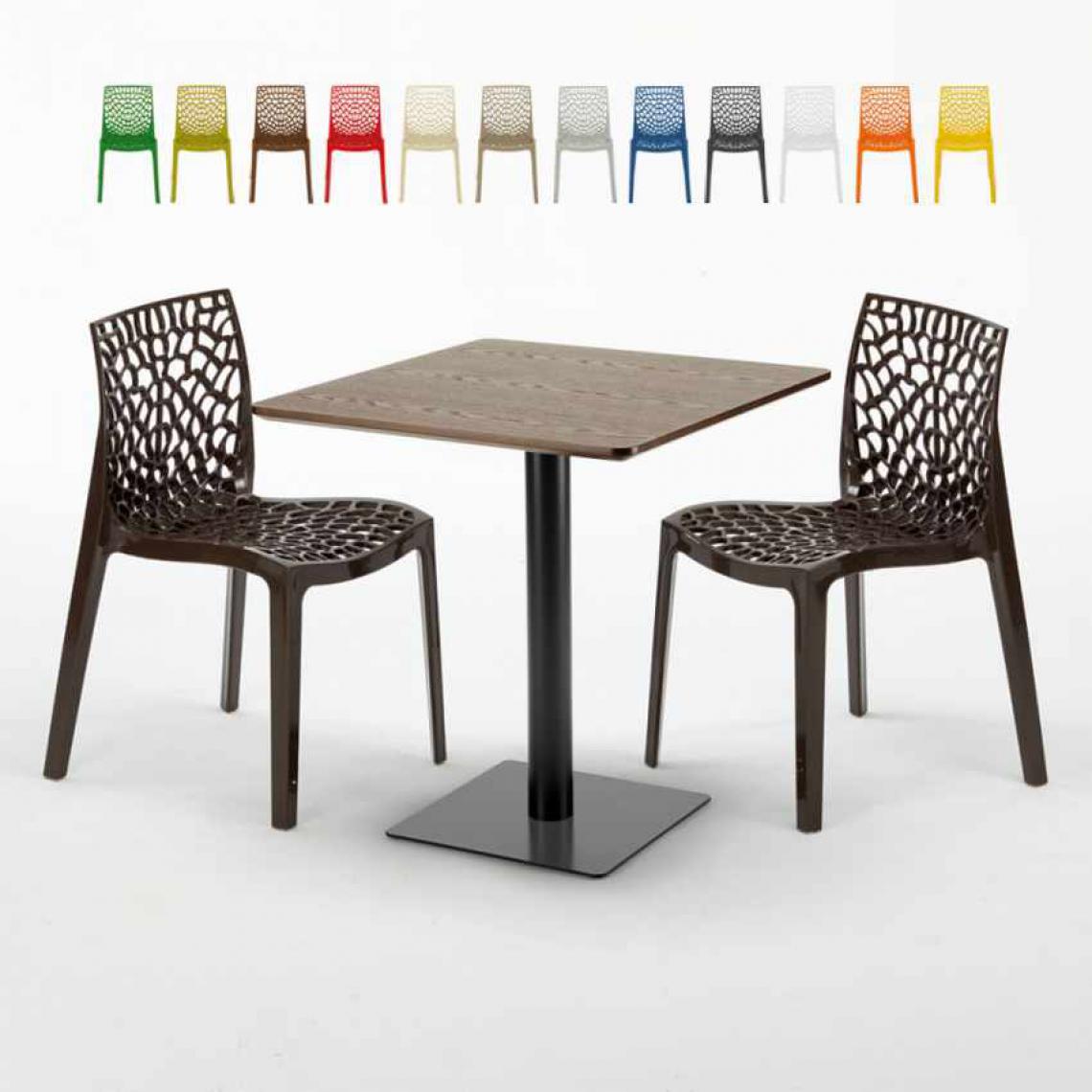 Grand Soleil - Table carrée 70x70 plateau effet bois avec 2 chaises colorées Gruvyer Melon, Couleur: Marron - Tables à manger
