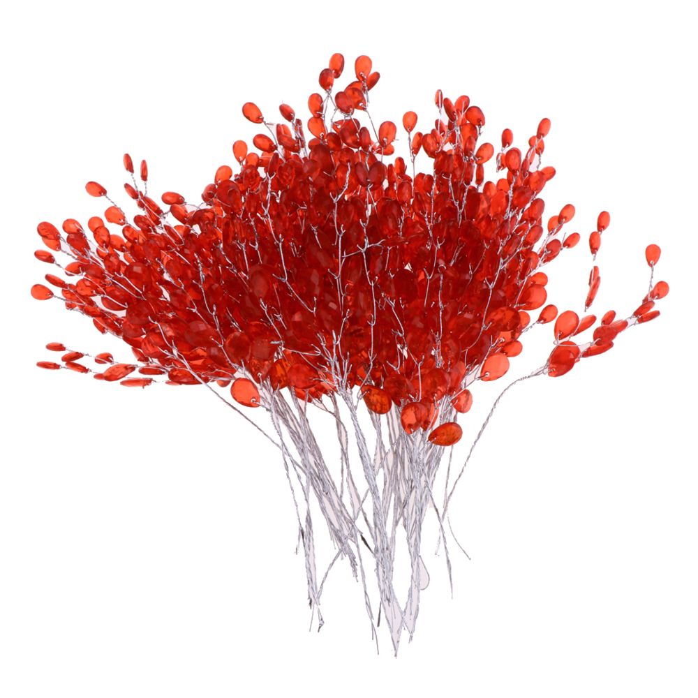 marque generique - 50pcs Bouquet De Fleurs Artificielles Avec Goutte De Perle Acrylique Cristal 15cm Rouge - Plantes et fleurs artificielles