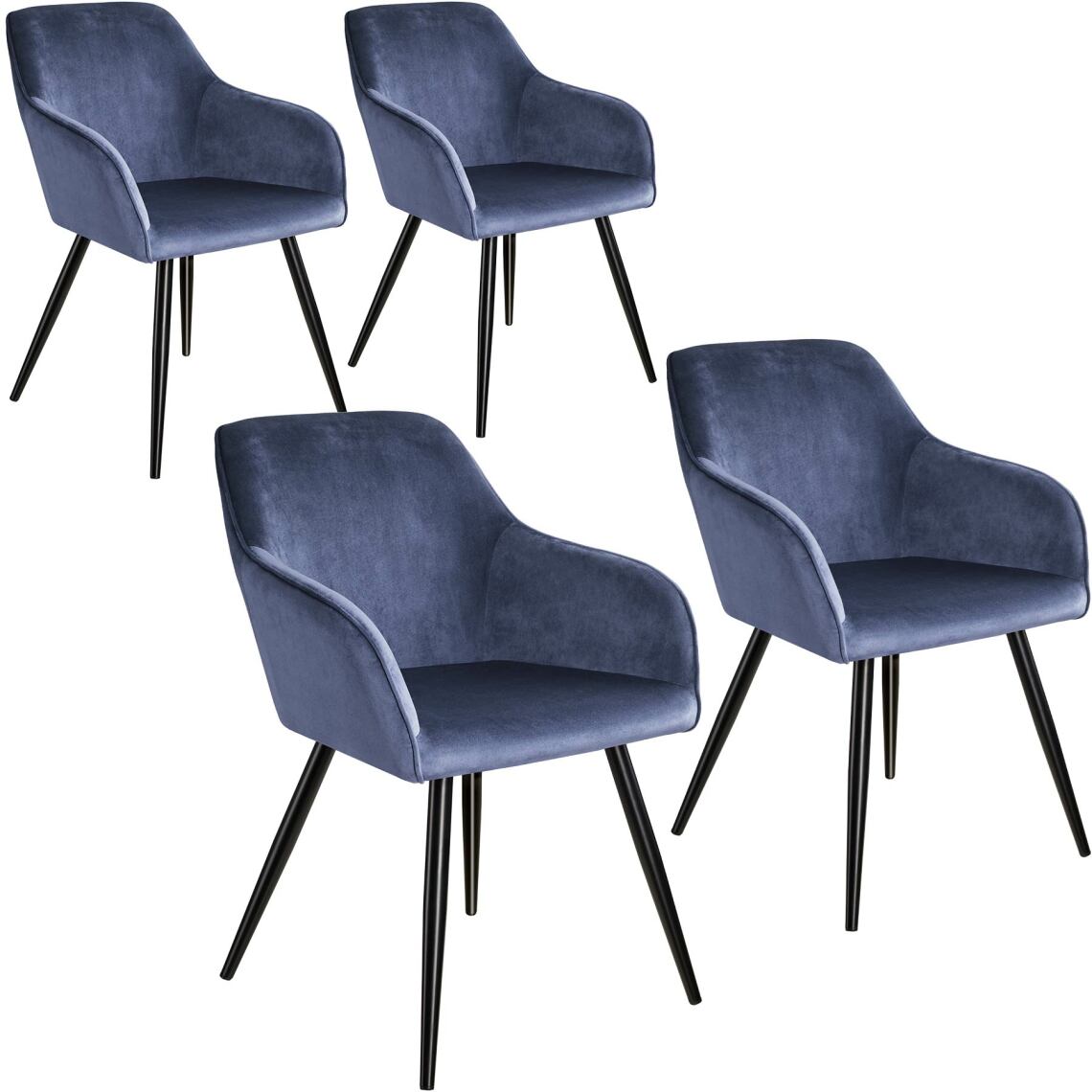 Tectake - 4 Chaises MARILYN Design en Velours Style Scandinave - bleu/noir - Chaises