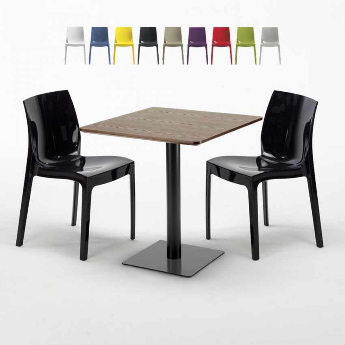 Grand Soleil - Table carrée 60x60 pied noir et plateau bois avec 2 chaises colorées Ice Kiss, Couleur: Noir - Tables à manger