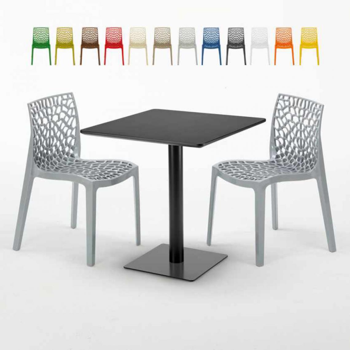 Grand Soleil - Table carrée noire 70x70 avec 2 chaises colorées Gruvyer Kiwi, Couleur: Gris - Tables à manger