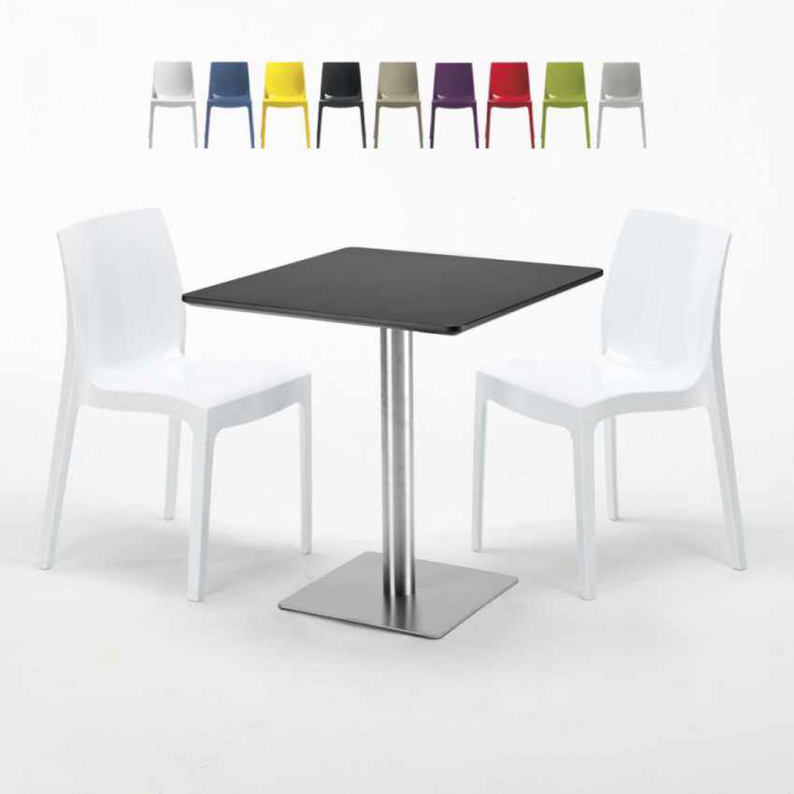 Grand Soleil - Table carrée noire 70x70 avec 2 chaises colorées Ice RUM RAISIN, Couleur: Blanc - Tables à manger