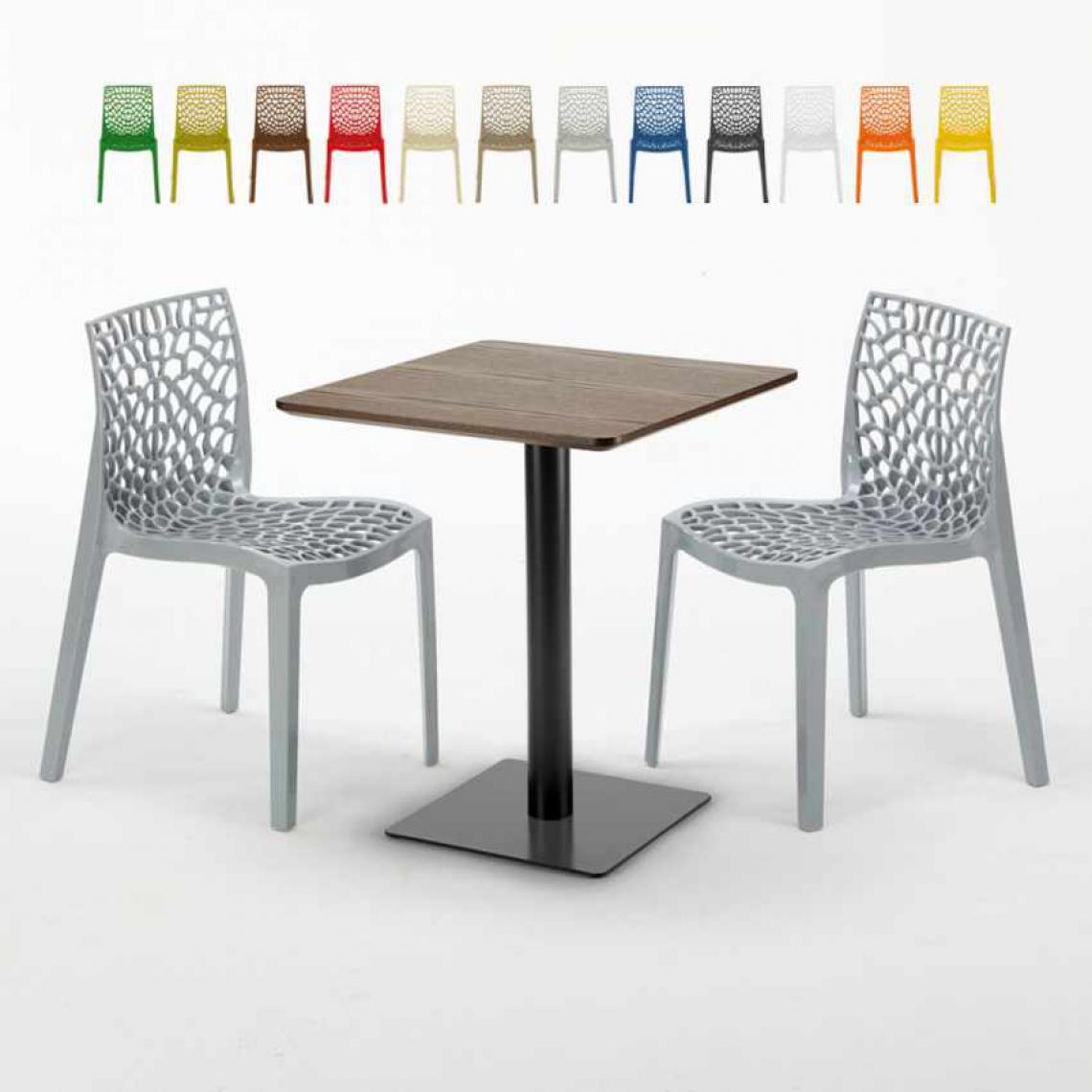 Grand Soleil - Table carrée 60x60 pied noir et surface bois avec 2 chaises colorées Gruvyer Kiss, Couleur: Gris - Tables à manger