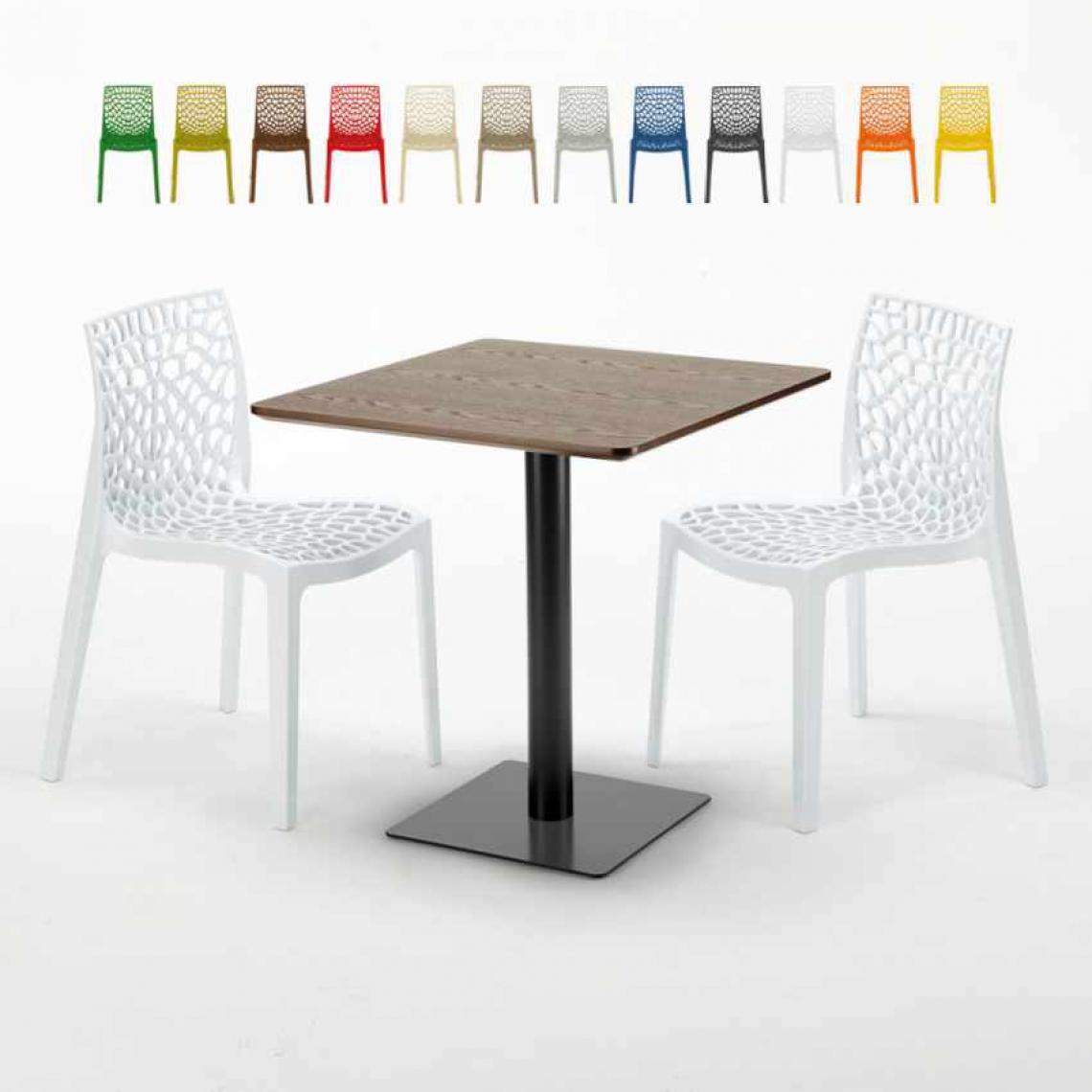 Grand Soleil - Table carrée 70x70 plateau effet bois avec 2 chaises colorées Gruvyer Melon, Couleur: Blanc - Tables à manger