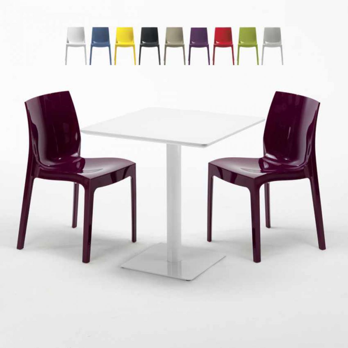 Grand Soleil - Table carrée 70x70 blanche avec 2 chaises colorées Ice Meringue, Couleur: Pourpre - Tables à manger