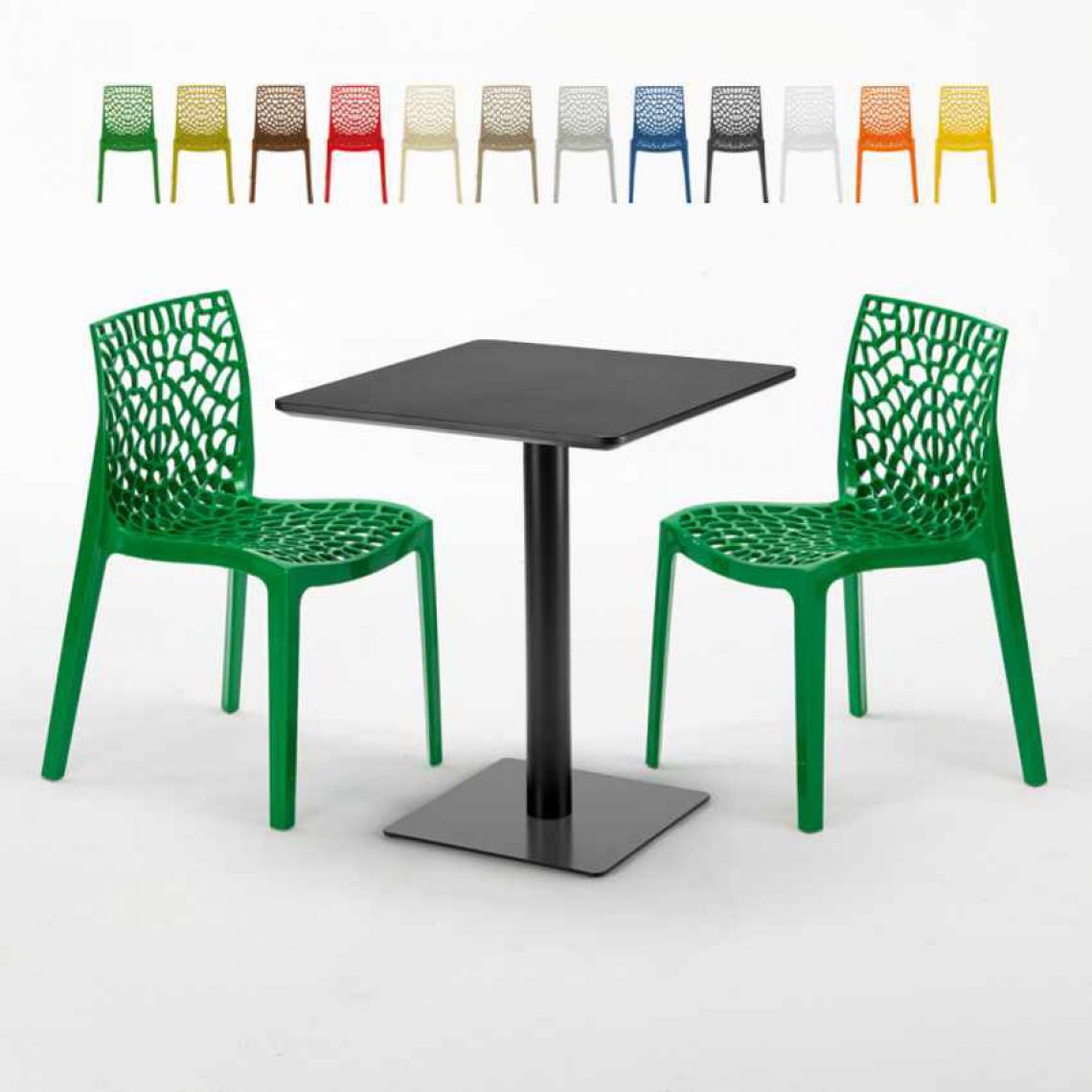Grand Soleil - Table carrée 60x60 noire avec 2 chaises colorées Gruvyer Licorice, Couleur: Vert - Tables à manger