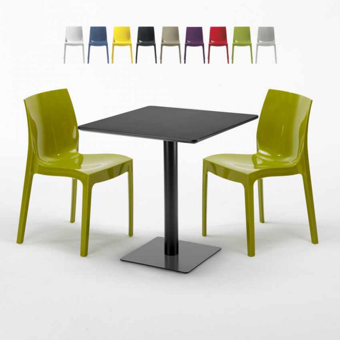 Grand Soleil - Table carrée noire 70x70 avec 2 chaises colorées Ice Kiwi, Couleur: Vert - Tables à manger