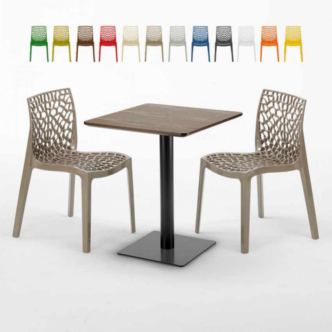 Grand Soleil - Table carrée 60x60 pied noir et surface bois avec 2 chaises colorées Gruvyer Kiss, Couleur: Beige Juta - Tables à manger
