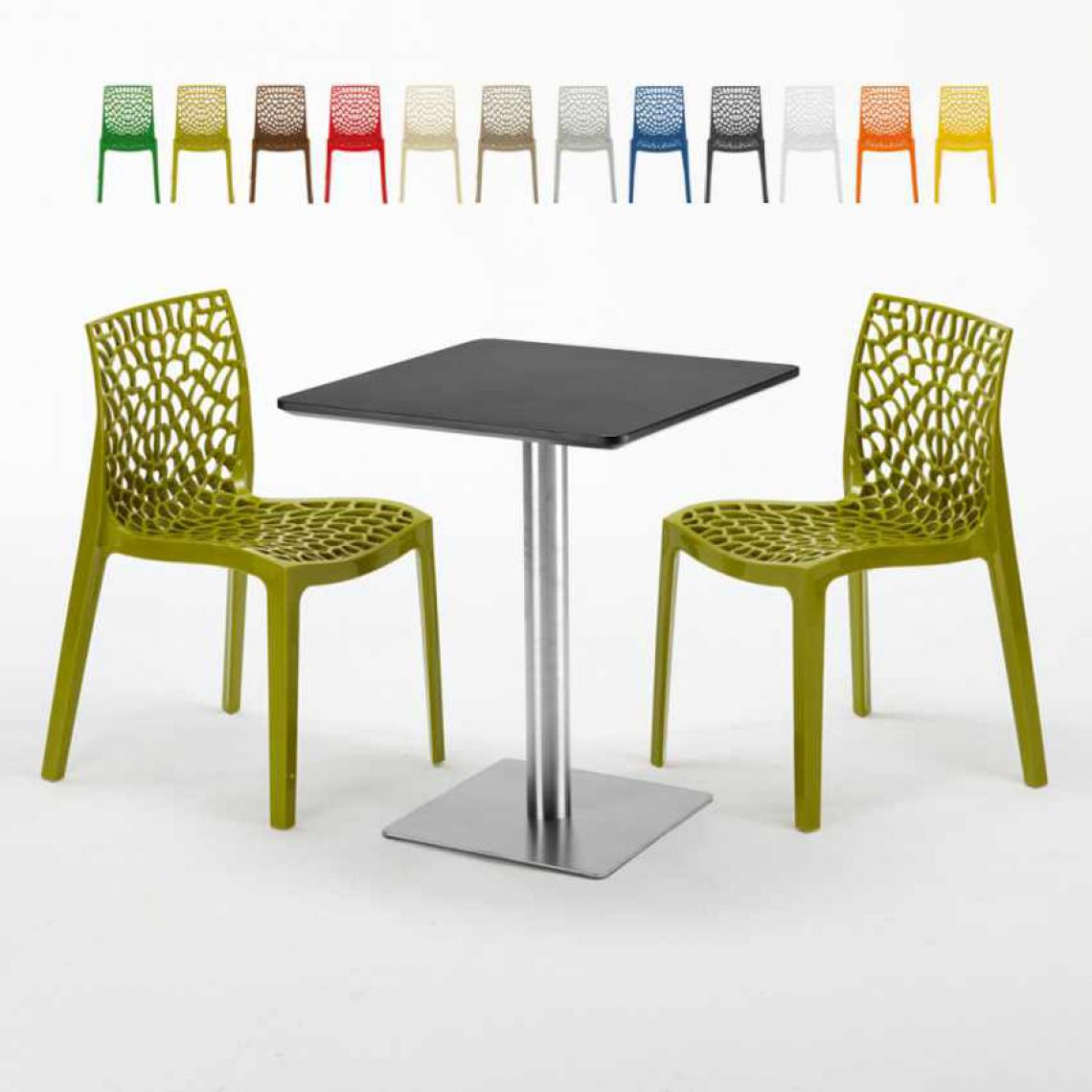 Grand Soleil - Table carrée 60x60 pied acier et plateau noir avec 2 chaises colorées Gruvyer Pistachio, Couleur: Anis vert - Tables à manger