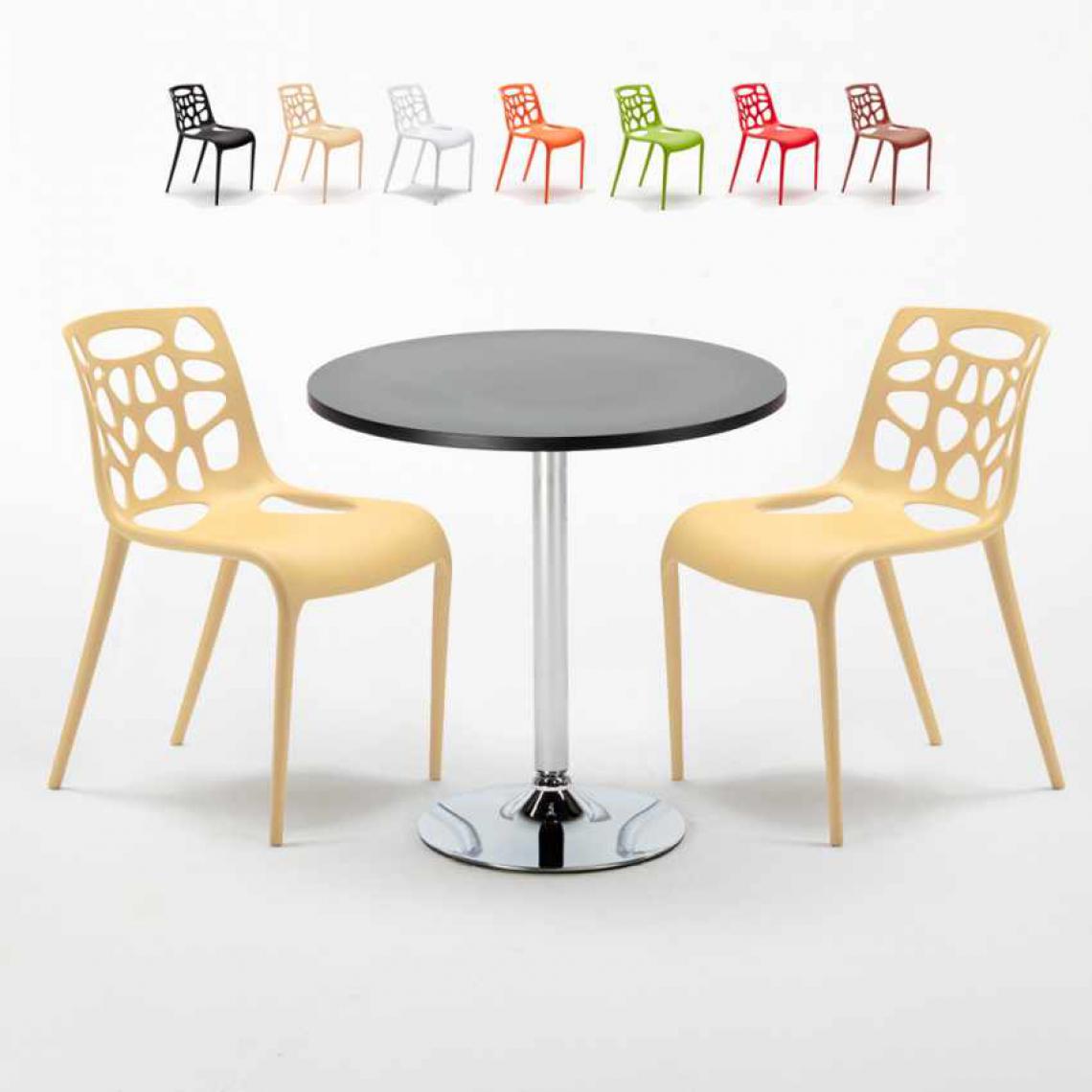 Ahd Amazing Home Design - Table Ronde Noire 70x70cm Avec 2 Chaises Colorées Set Intérieur Bar Café Gelateria Cosmopolitan, Couleur: Beige - Tables à manger