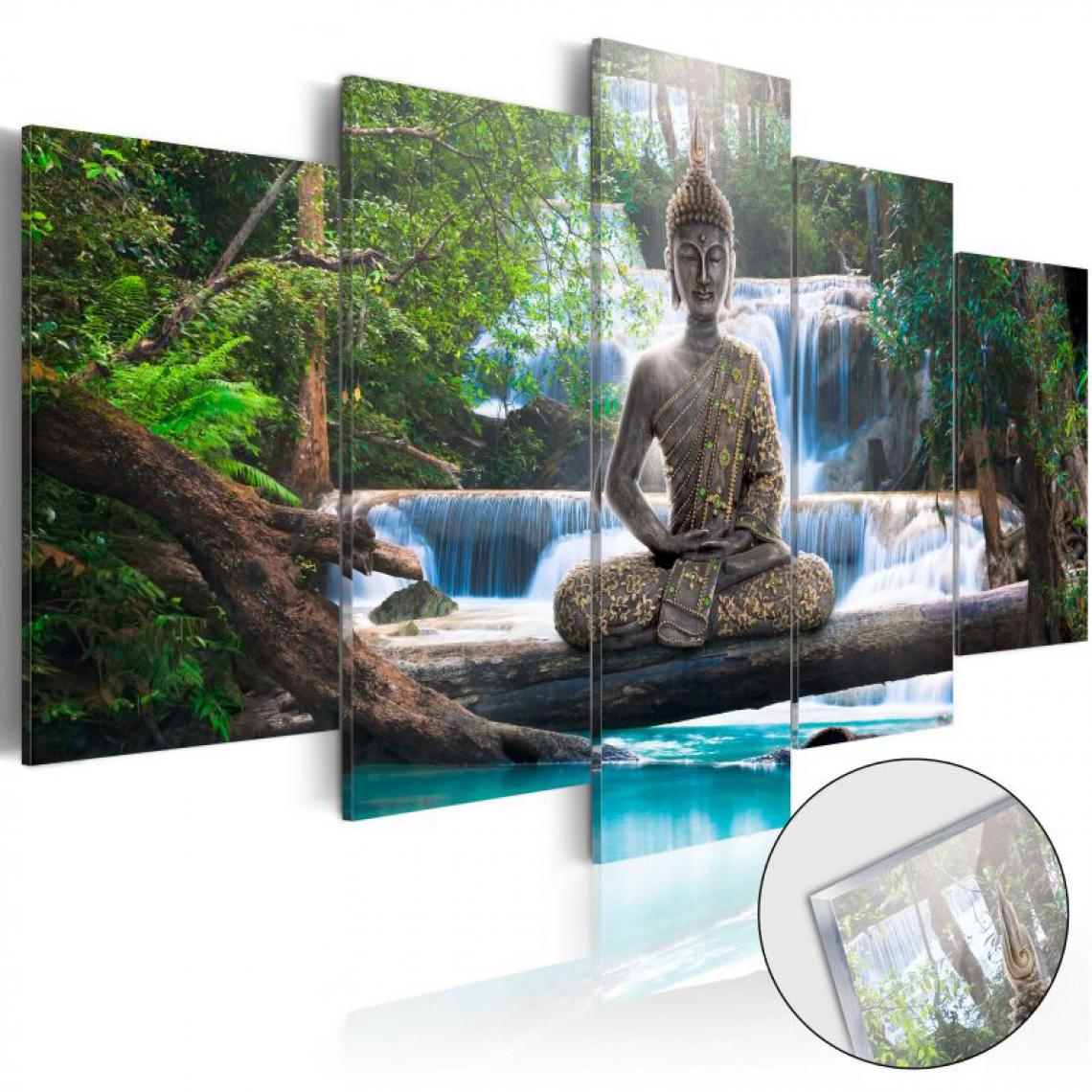 Artgeist - Tableau sur verre acrylique - Buddha and Waterfall [Glass] .Taille : 100x50 - Tableaux, peintures