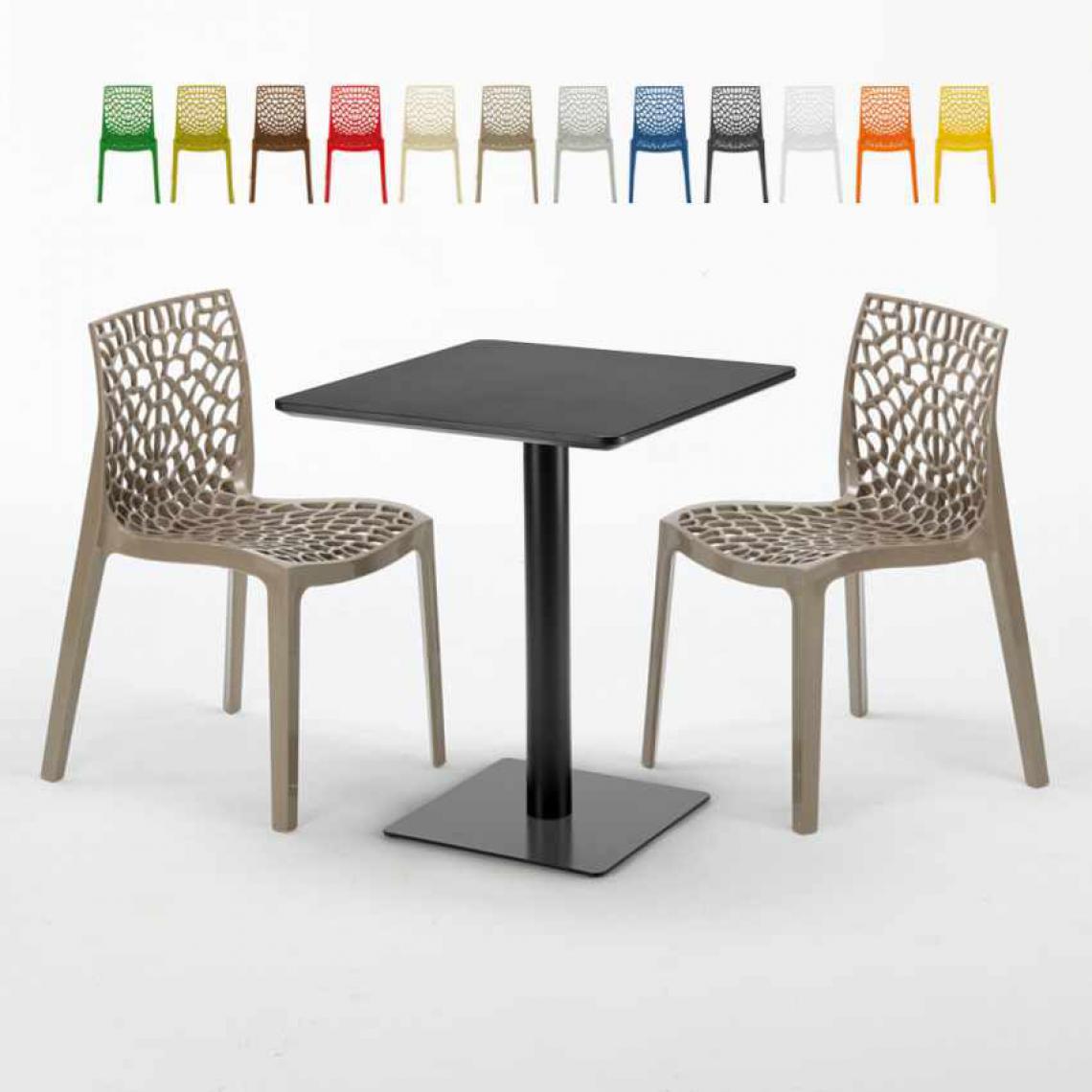 Grand Soleil - Table carrée 60x60 noire avec 2 chaises colorées Gruvyer Licorice, Couleur: Beige Juta - Tables à manger