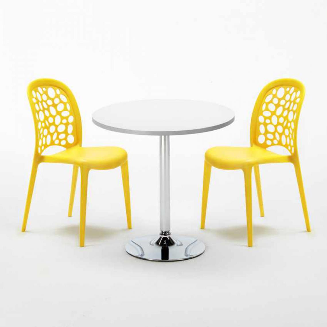 Ahd Amazing Home Design - Table Ronde Blanche 70x70cm Avec 2 Chaises Colorées Set Intérieur Bar Café WEDDING LONG Island, Couleur: Jaune - Tables à manger