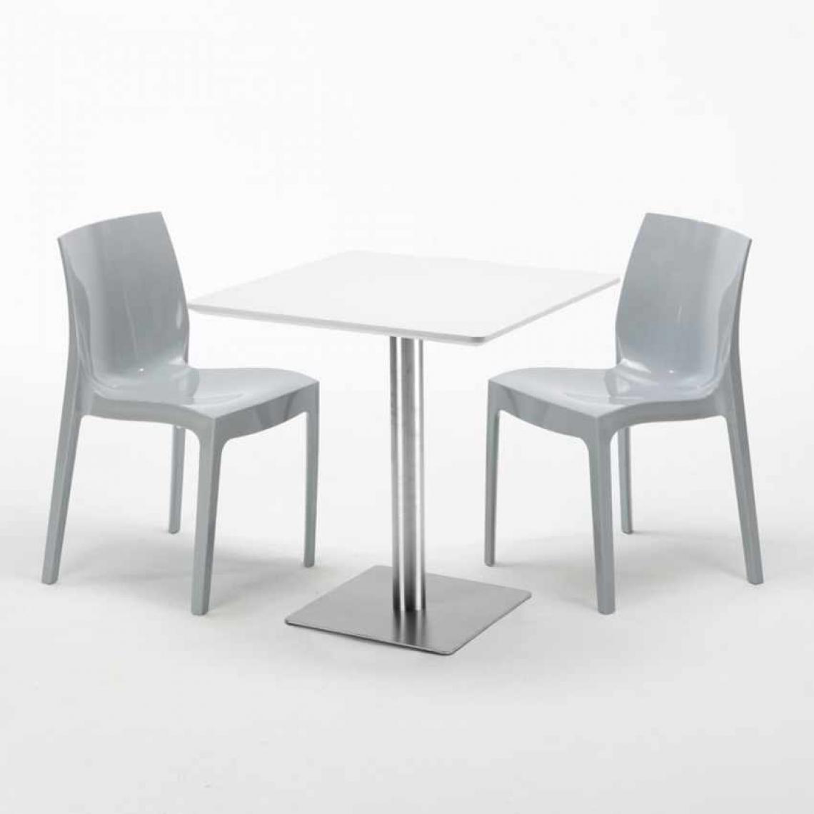 Grand Soleil - Table carrée blanche 70x70 avec pied en acier et 2 chaises colorées Ice Strawberry, Couleur: Gris - Tables à manger