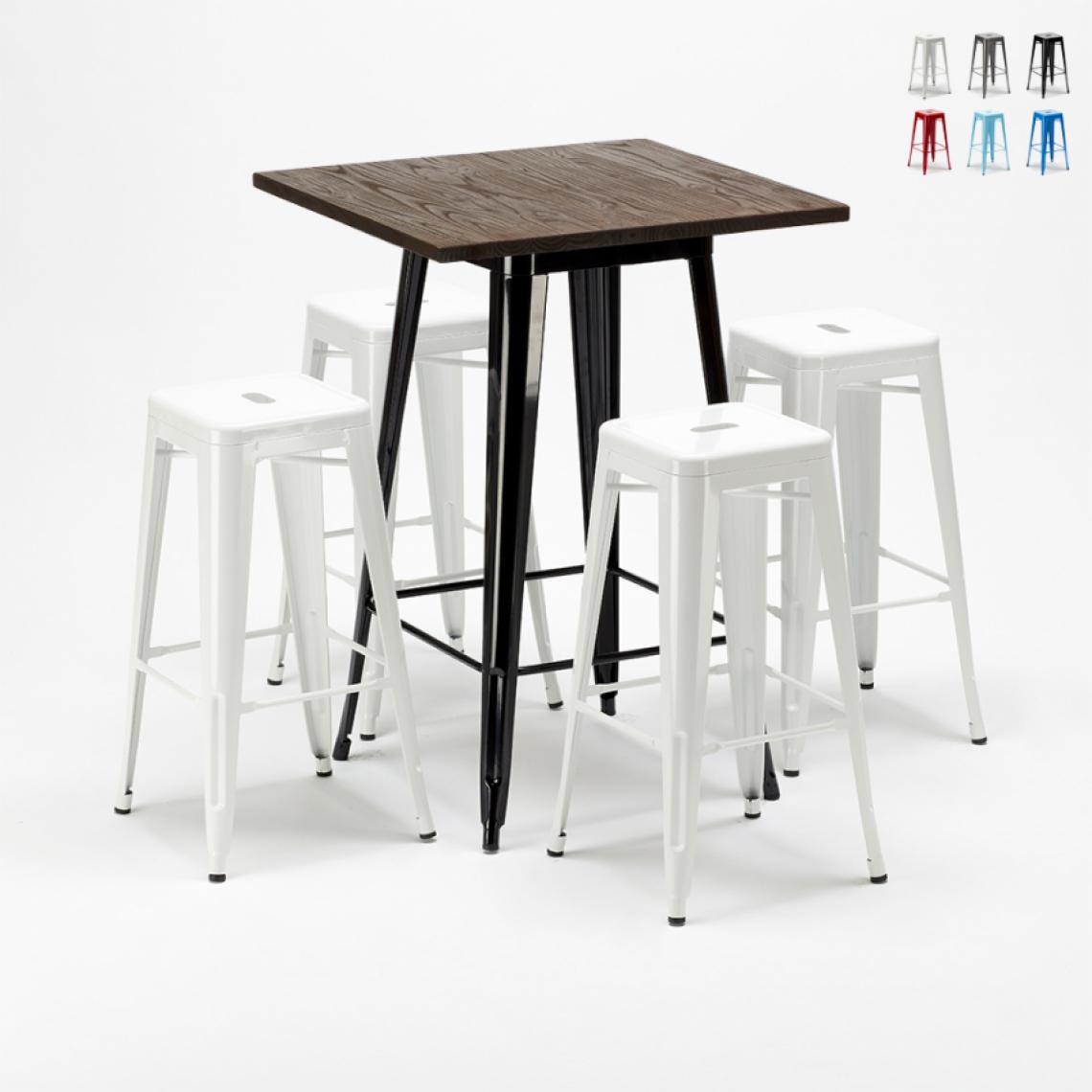 Ahd Amazing Home Design - Ensemble Little Italy table haute et 4 tabourets en métal Tolix style industriel, Couleur: Blanc - Tables à manger