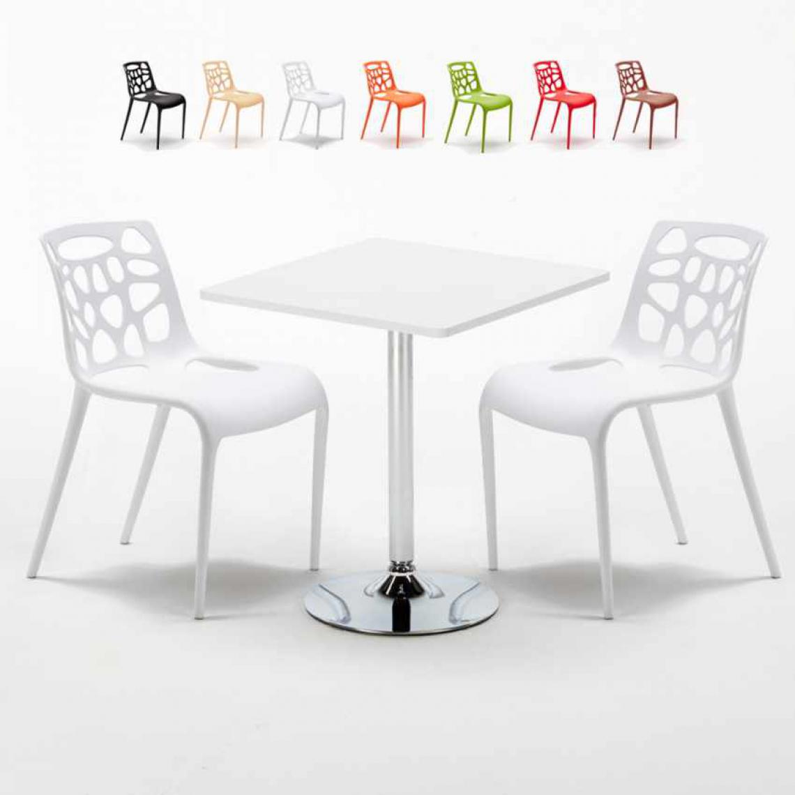 Ahd Amazing Home Design - Table Carrée Blanche 70x70cm Avec 2 Chaises Colorées Set Intérieur Bar Café Gelateria Cocktail, Couleur: Blanc - Tables à manger