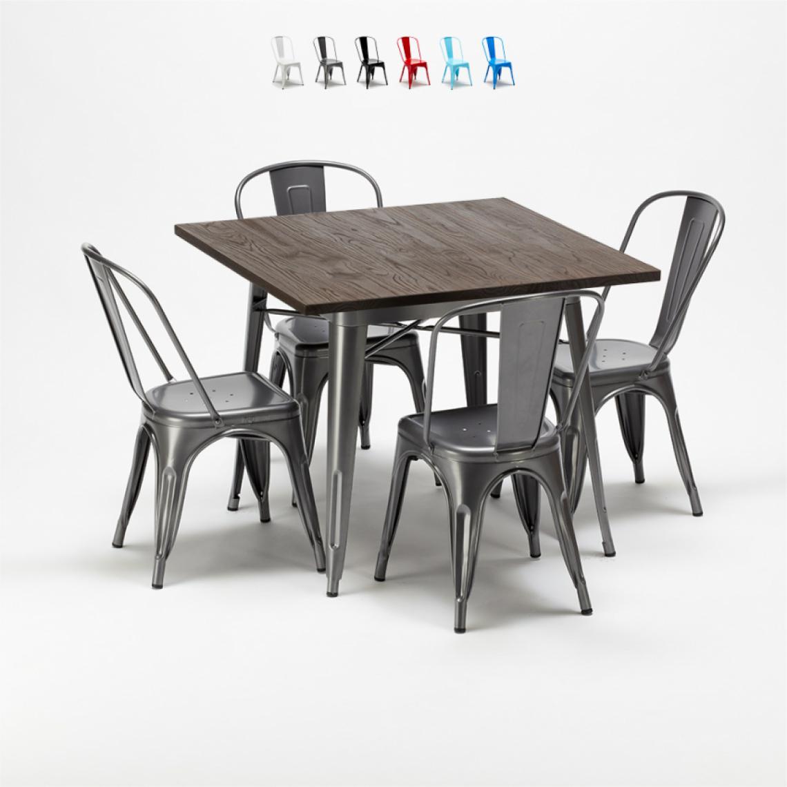 Ahd Amazing Home Design - Ensemble table carrée et chaises en métal design Tolix industrial Jamaica, Couleur: Gris - Tables à manger